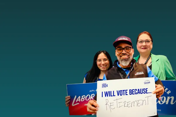 A mosaic of members holding signs about voting